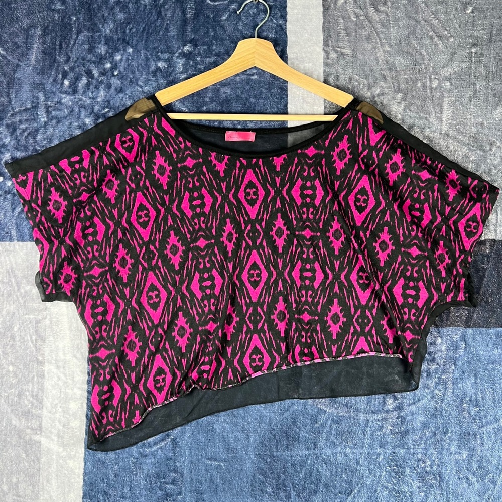Analogy Womens Pink Black Ikat Print Asymmetrical Mesh Trim Crop Top Made in USA
